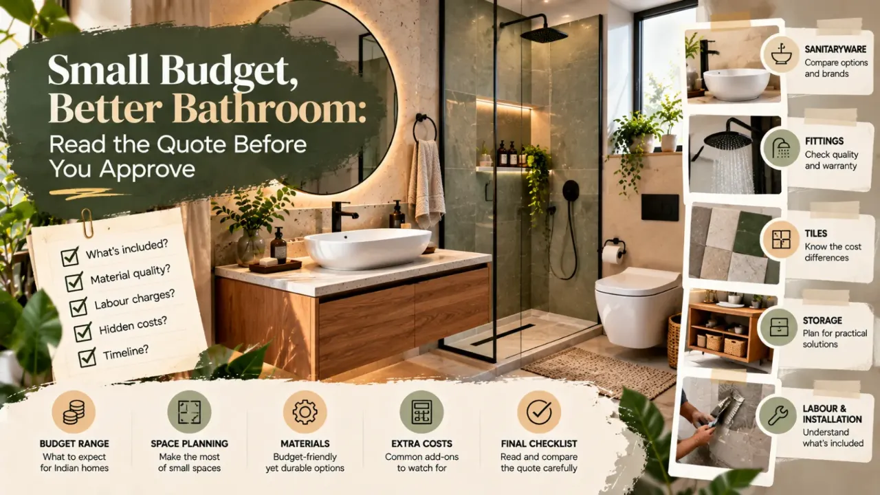 image description A modern bathroom with warm wood cabinetry, stone-textured tiles, and black fixtures, paired with a practical checklist covering material quality, labour charges, hidden costs, installation, and timelines to help homeowners review bathroom renovation quotes before approval.