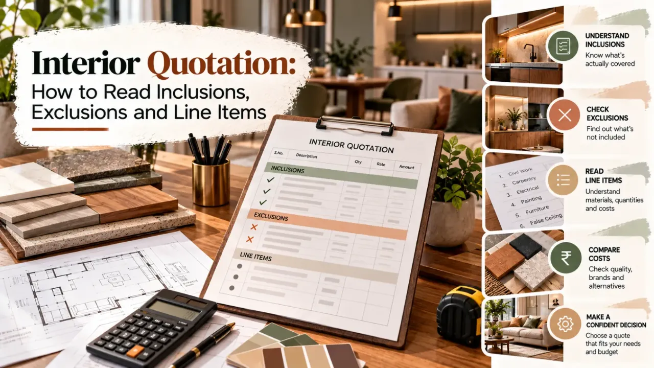A modern designer’s workspace featuring an interior quotation sheet, material samples, floor plans, and a calculator, illustrating how to review inclusions, exclusions, line-item costs, labour, installation, and taxes before approving an interior design quotation.