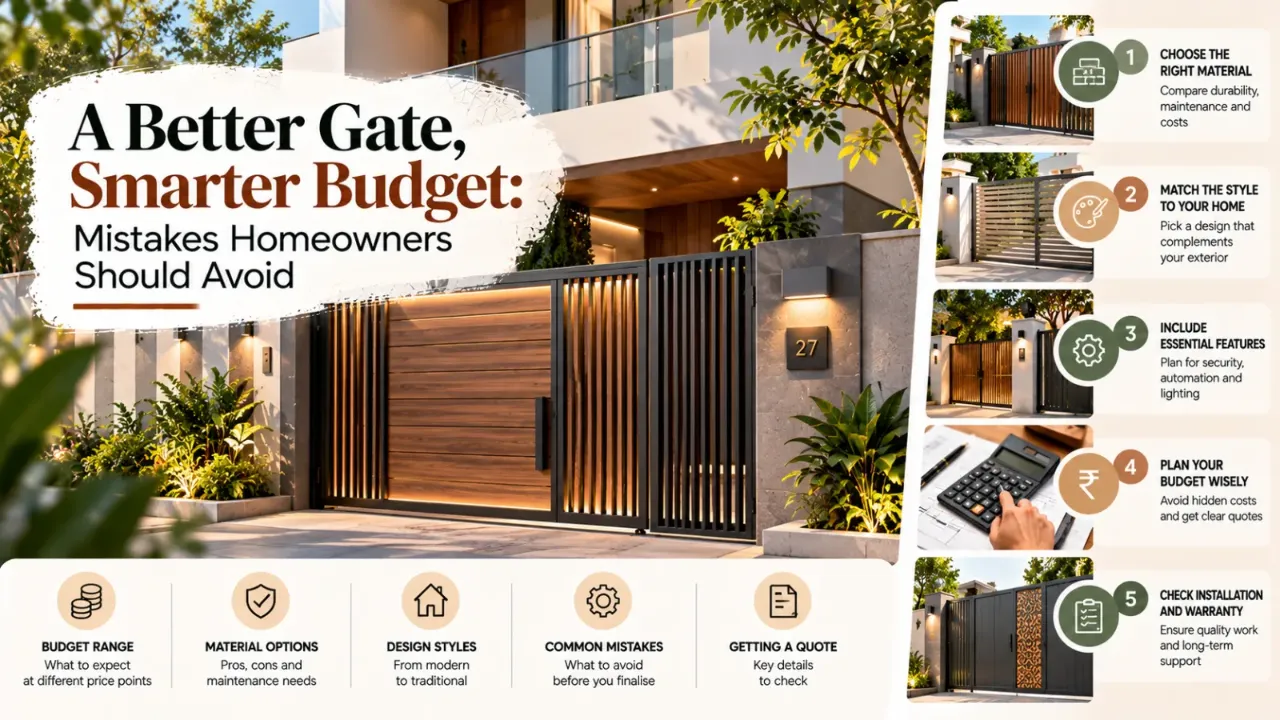 A contemporary home entrance featuring a modern slatted gate with wood and black metal finishes, surrounded by stone walls and lush greenery, highlighting budget planning, material selection, design styles, security features, installation quality, and common mistakes to avoid when choosing a main gate