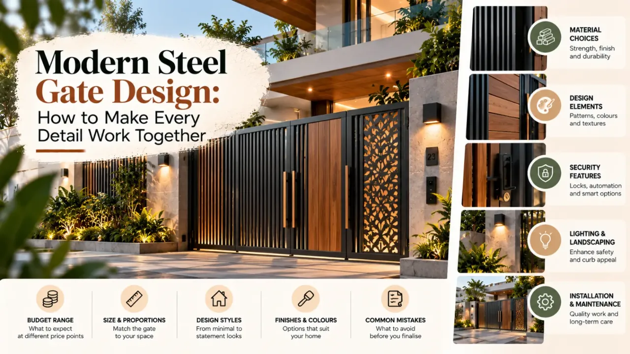 A contemporary home entrance featuring a sleek black steel gate with wood accents, decorative metal panels, and integrated lighting, highlighting material selection, design coordination, security features, finishes, proportions, installation, and maintenance for a stylish and durable entrance.