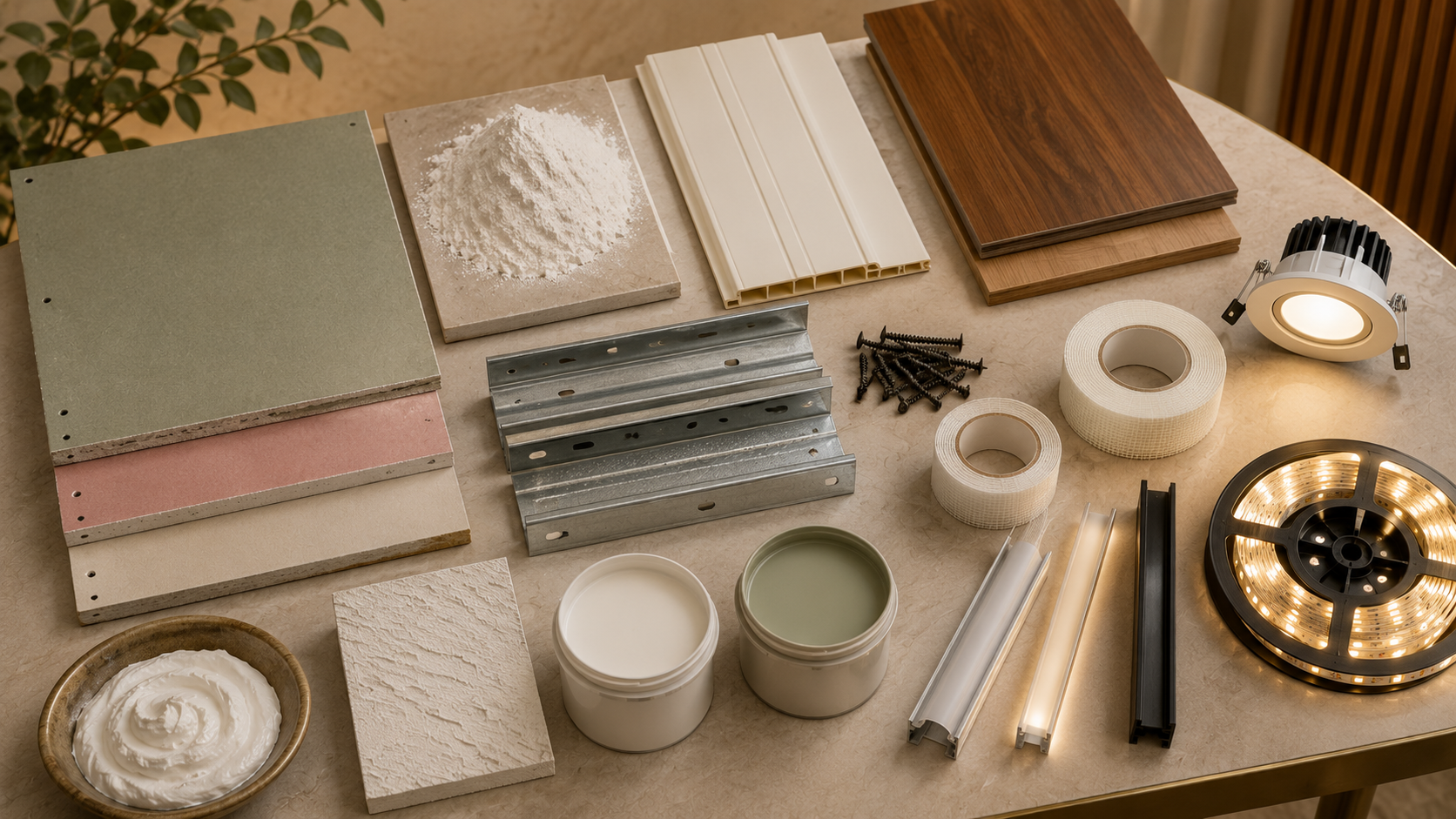 False ceiling material samples including gypsum POP PVC channels lights and finishing materials