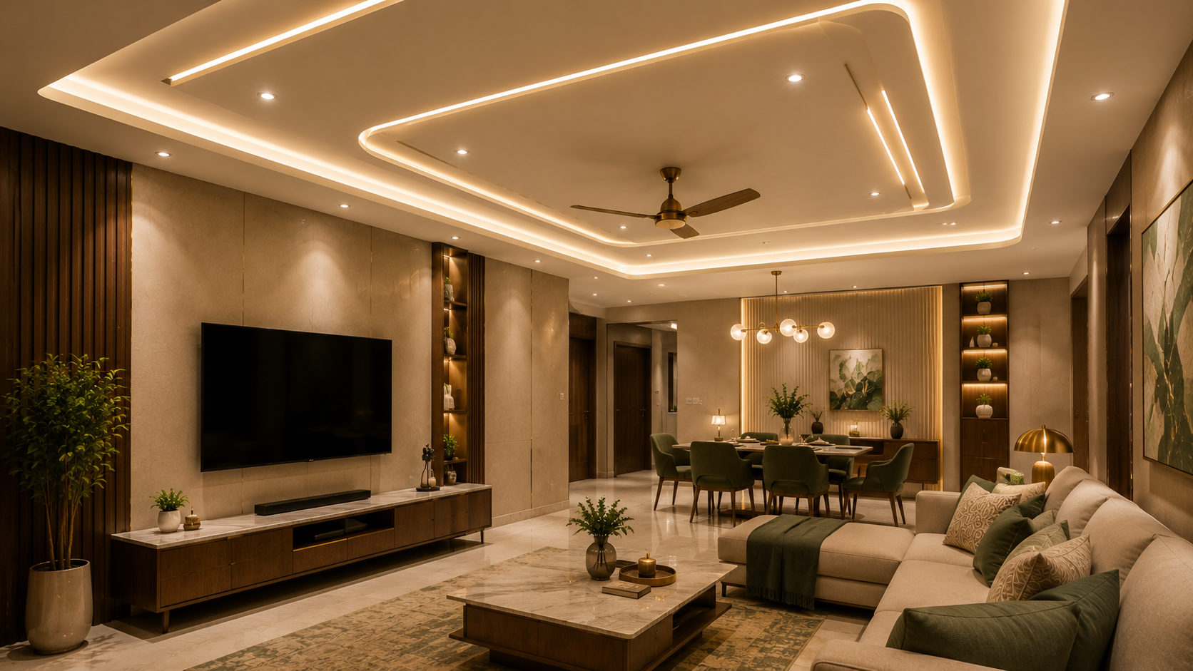False ceiling lighting design with cove lights spotlights profile lights and pendant lighting