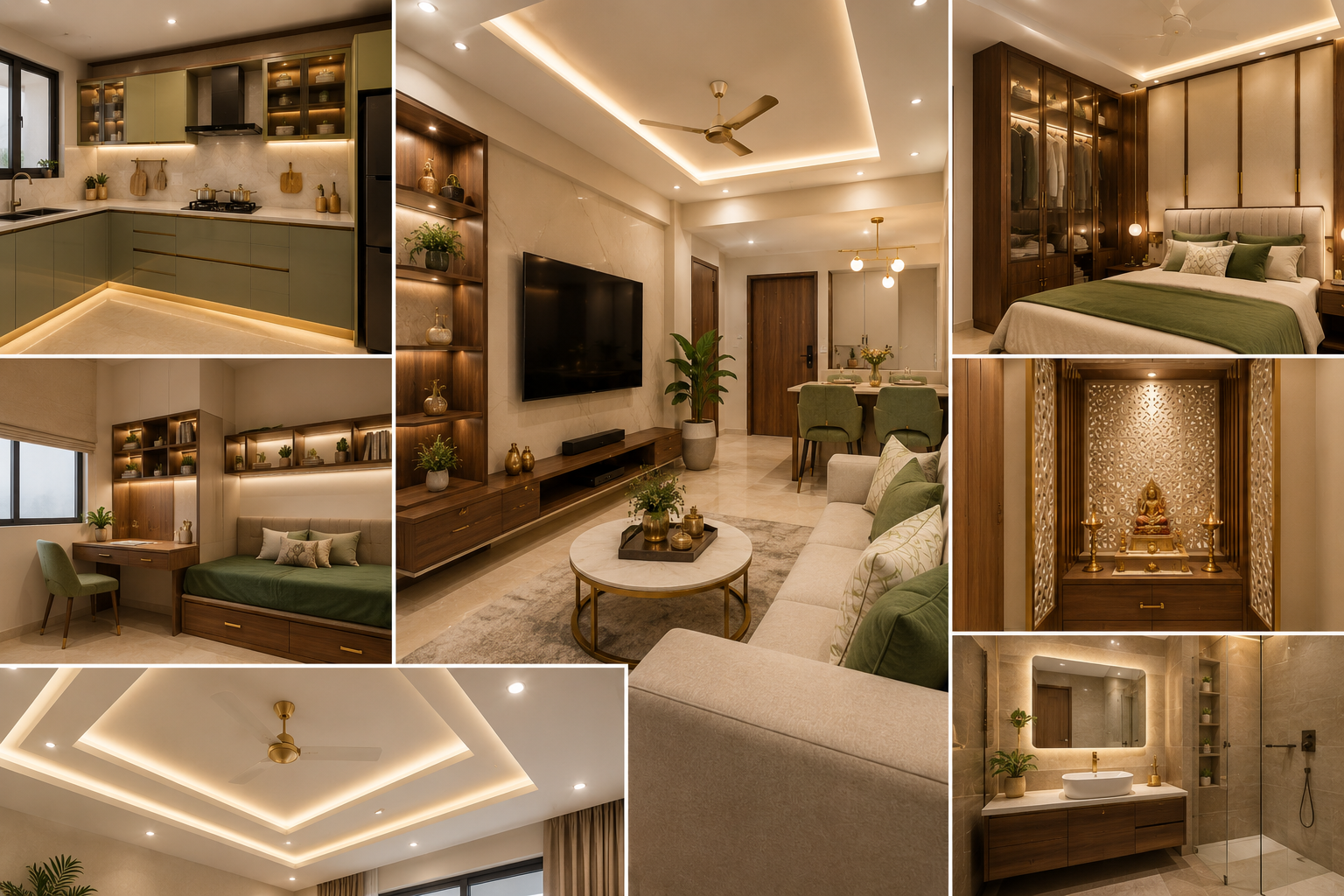 Room-wise 2 BHK interior cost breakdown for Delhi NCR apartments including kitchen living room bedrooms pooja false ceiling and bathroom