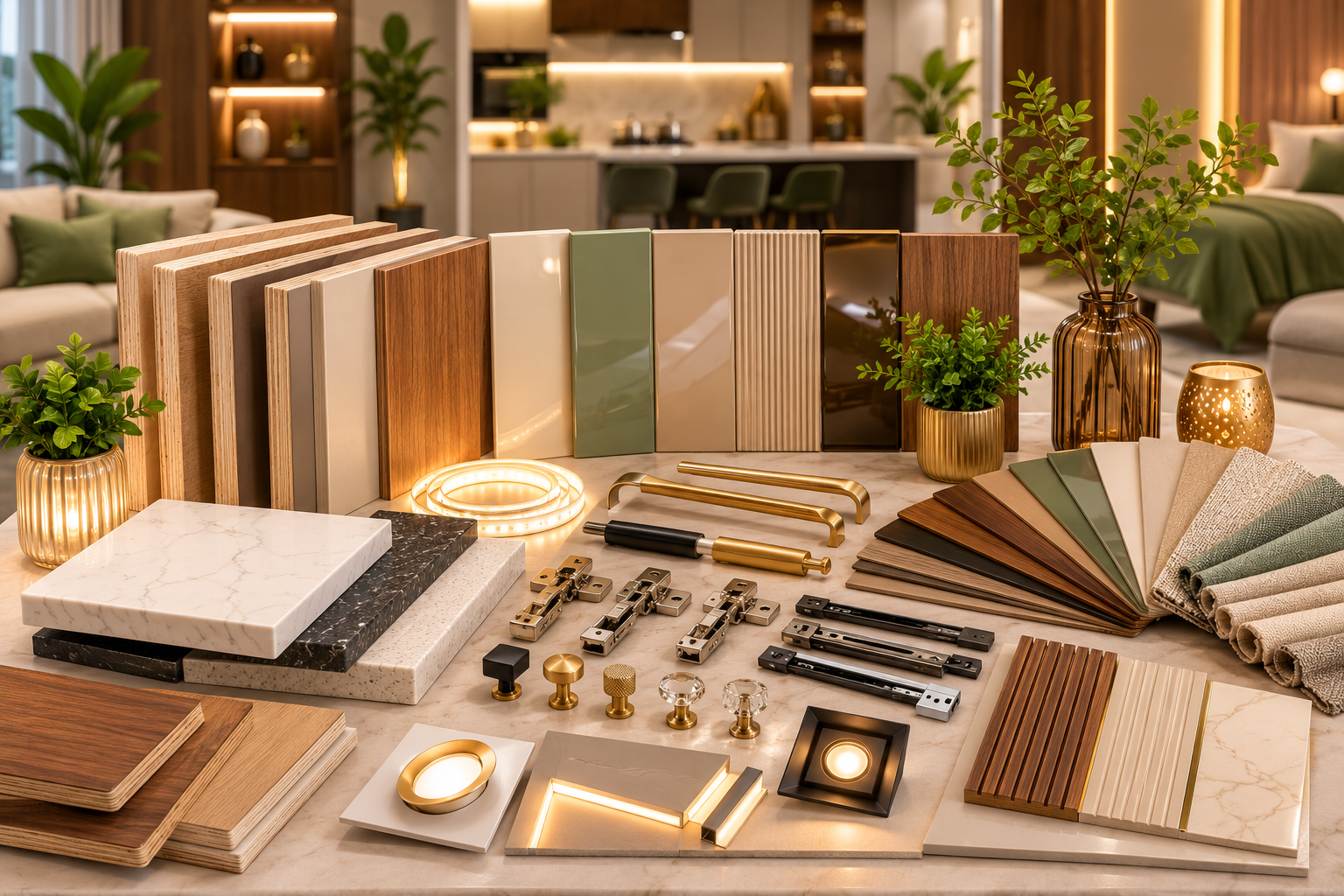 Interior material mood board for 2 BHK interiors in Delhi NCR including plywood HDHMR laminate acrylic PU glass hardware and LED lighting