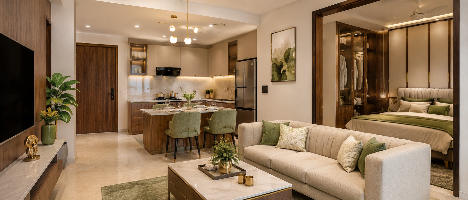 Premium modern modular kitchen design for a 2 BHK apartment in Delhi NCR with beige walnut cabinets and LED lighting
