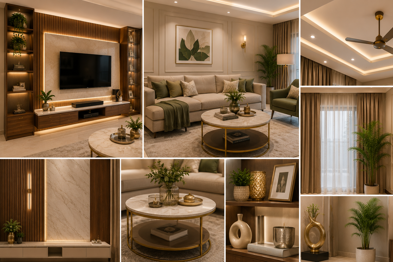 Living room interior cost components for Indian homes including TV unit sofa false ceiling wall panel curtains center table decor and plants