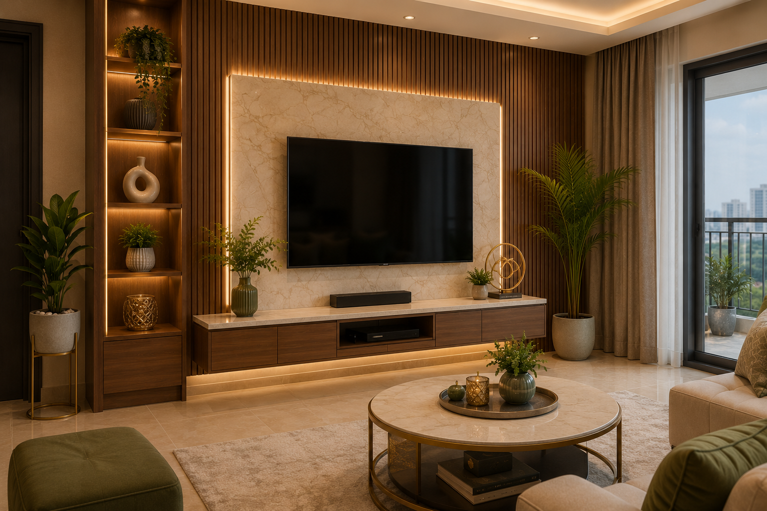 Modern Indian living room TV unit with floating storage drawers fluted wall panels warm backlighting and indoor plants