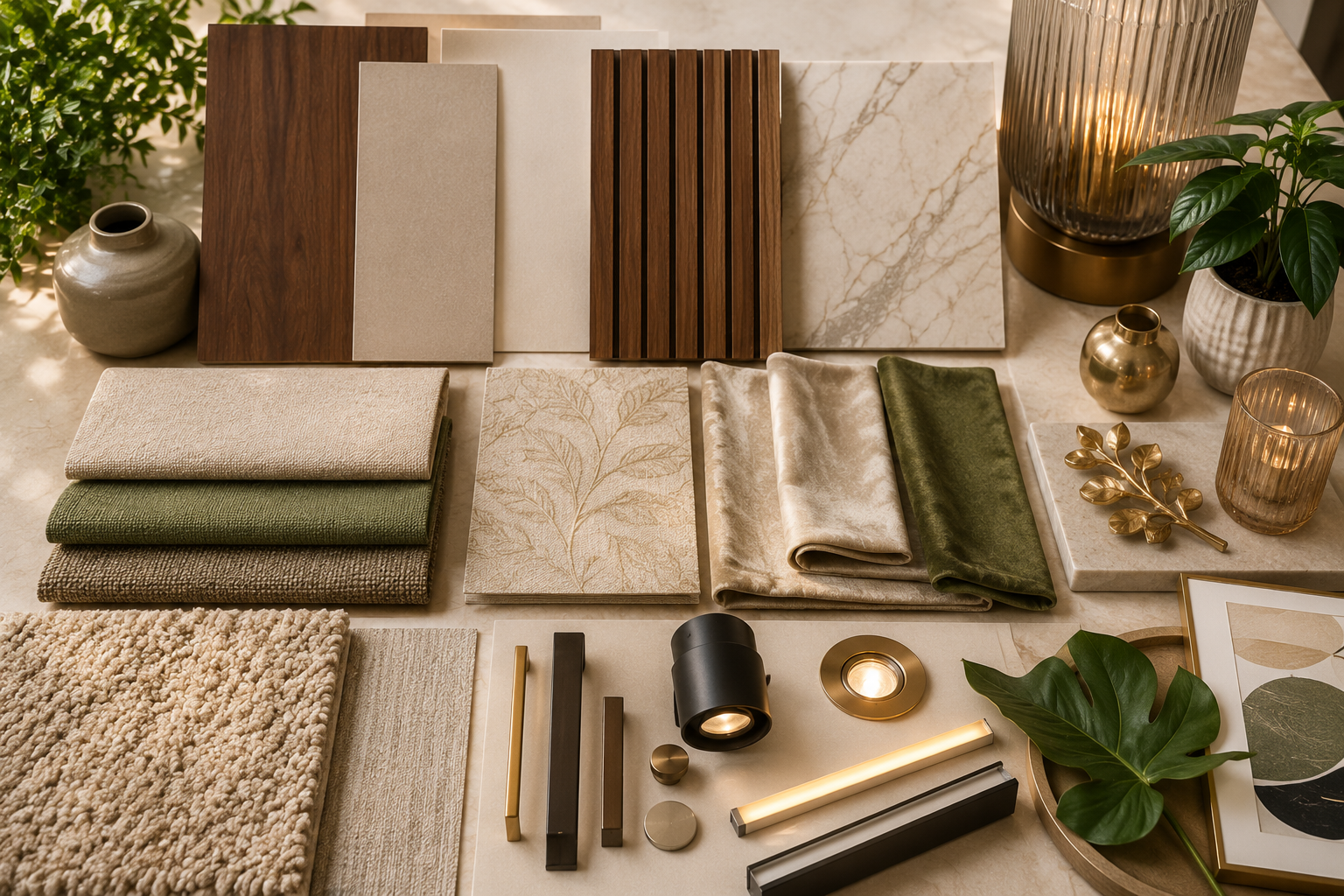Living room interior material mood board with laminate fluted panel marble finish sofa fabric curtain fabric wallpaper lighting rug and decor accessories