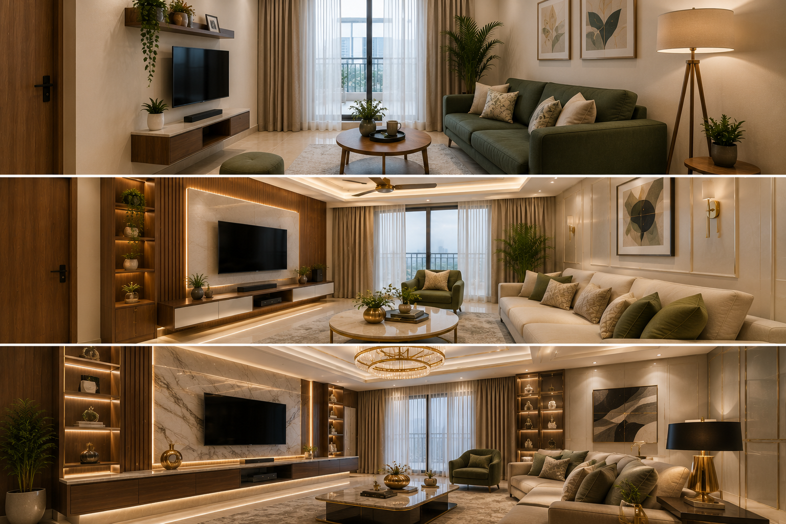 Compact standard and premium living room interior comparison for Indian apartments