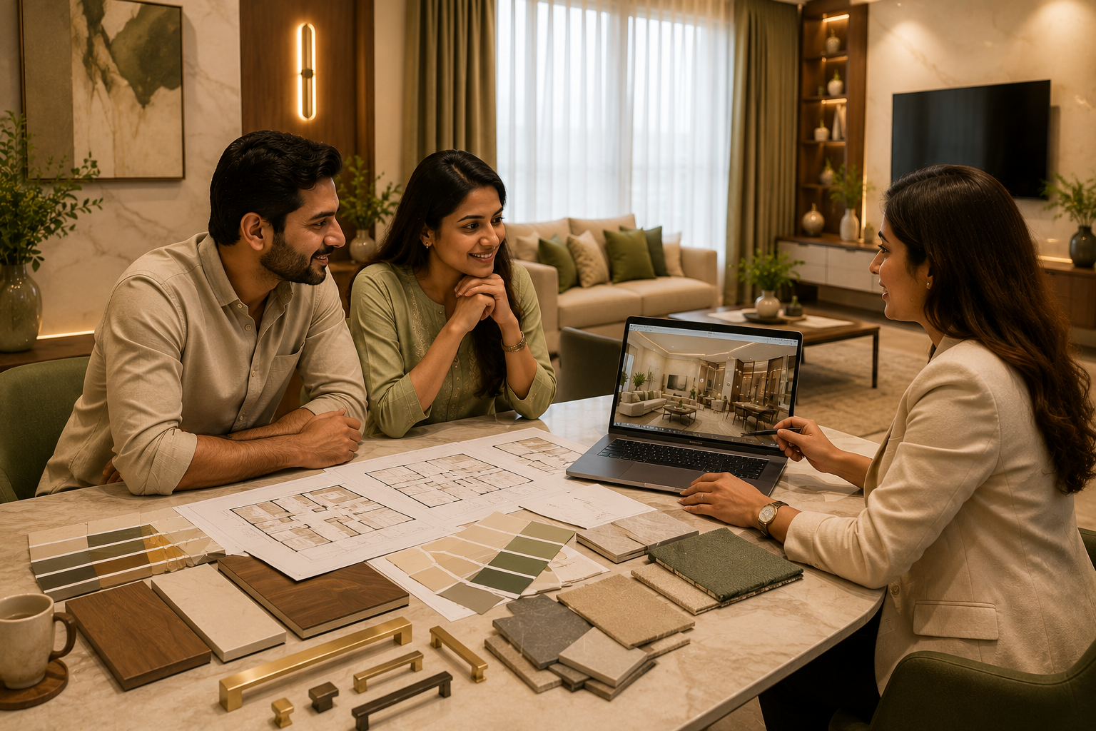 Indian homeowners discussing interior design plan with designer using floor plans material samples and laptop