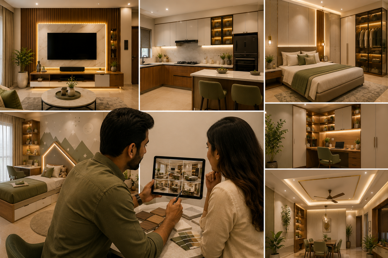 Homeowners comparing interior designer portfolio with living room kitchen bedroom wardrobe kids room and study design samples