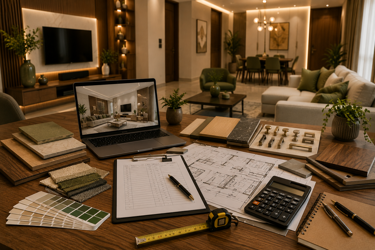 Interior design quotation checklist with floor plan measuring tape calculator material samples and laptop