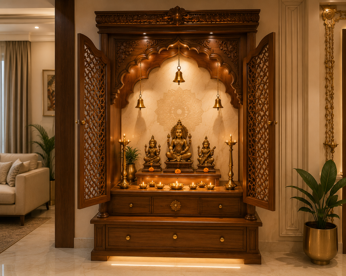 Traditional wooden mandir design inside Indian home with carved arch brass bells jaali doors storage drawers diya platform and warm golden lighting