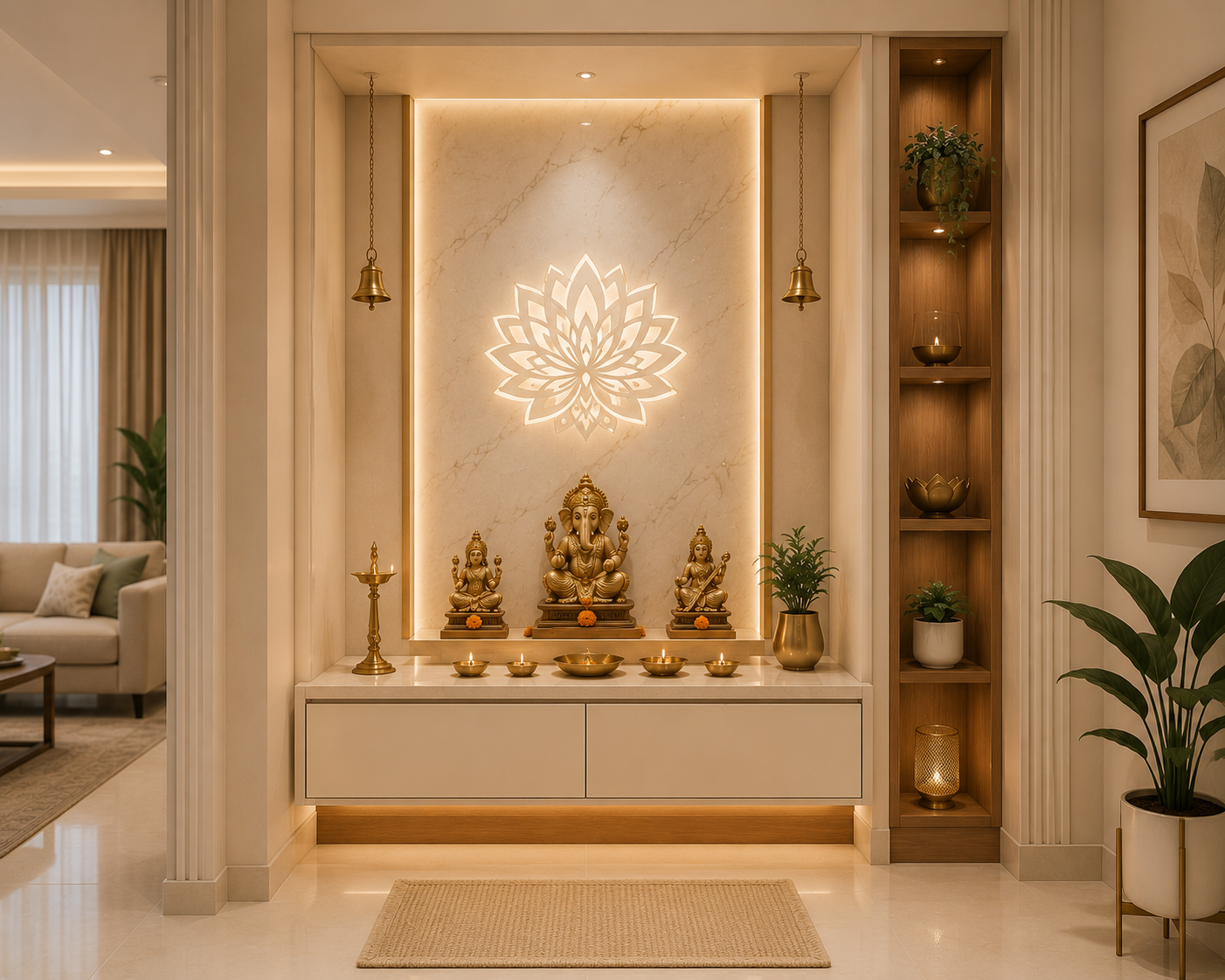 Modern minimal pooja room design with built in mandir niche ivory matte finish marble look back panel warm LED lighting and walnut shelves