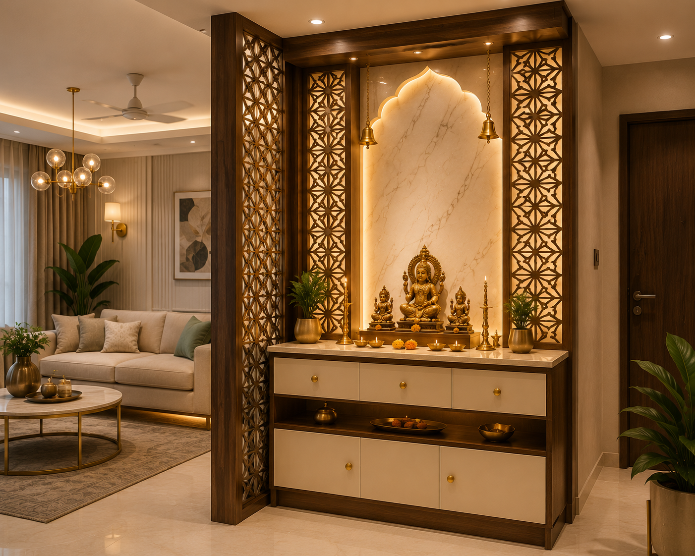 Premium pooja cabinet design with decorative jaali partition ivory cabinet walnut wood frame brass bells marble look back panel and warm lighting