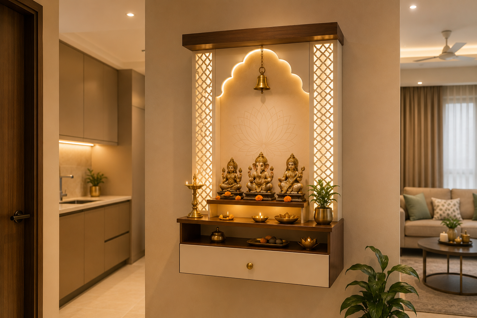 Compact wall mounted pooja unit for modern Indian apartment with ivory walnut wood finish brass bell jaali detail and warm lighting