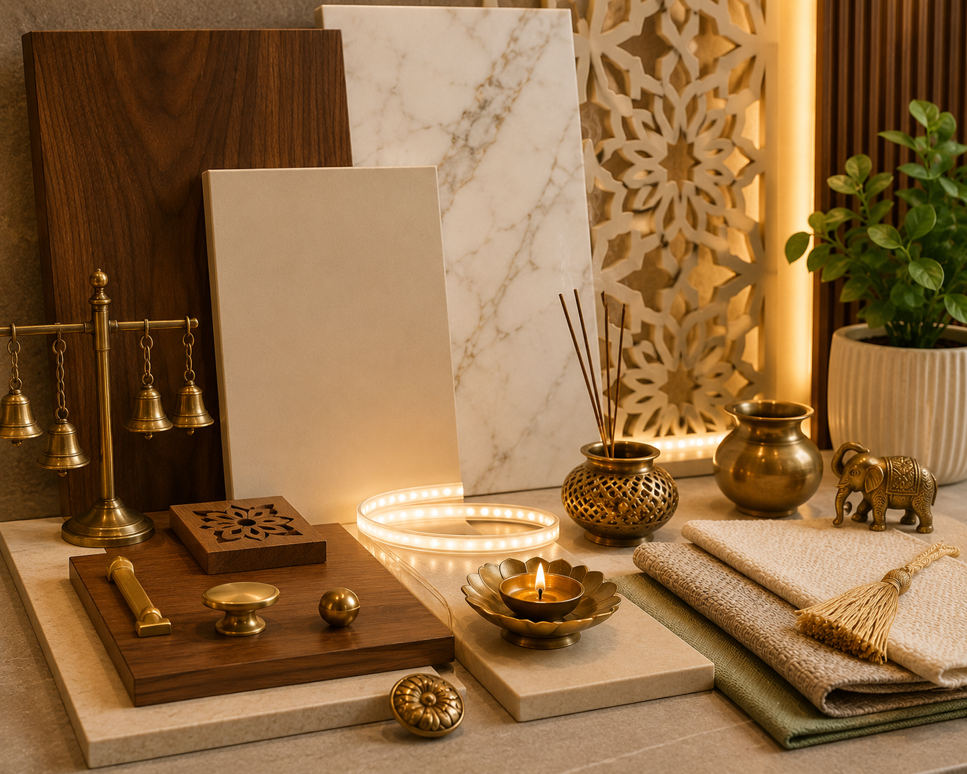 Pooja room material and lighting mood board with walnut wood ivory laminate marble look tile brass bells CNC jaali LED strip diya and decor