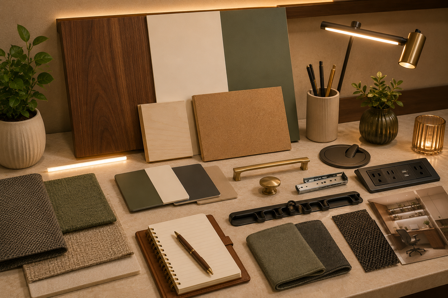 Home office material and lighting mood board with walnut wood ivory laminate HDHMR plywood desk hardware task light fabric swatches and sage green decor