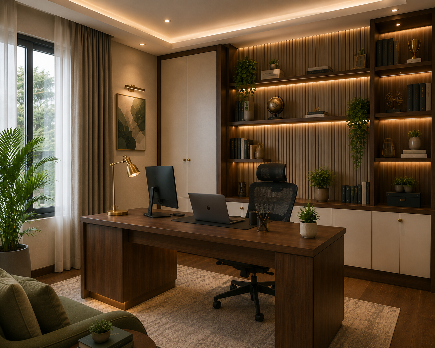Dedicated premium home office room with executive walnut wood desk ergonomic chair bookshelf cabinets monitor laptop warm lighting and plants