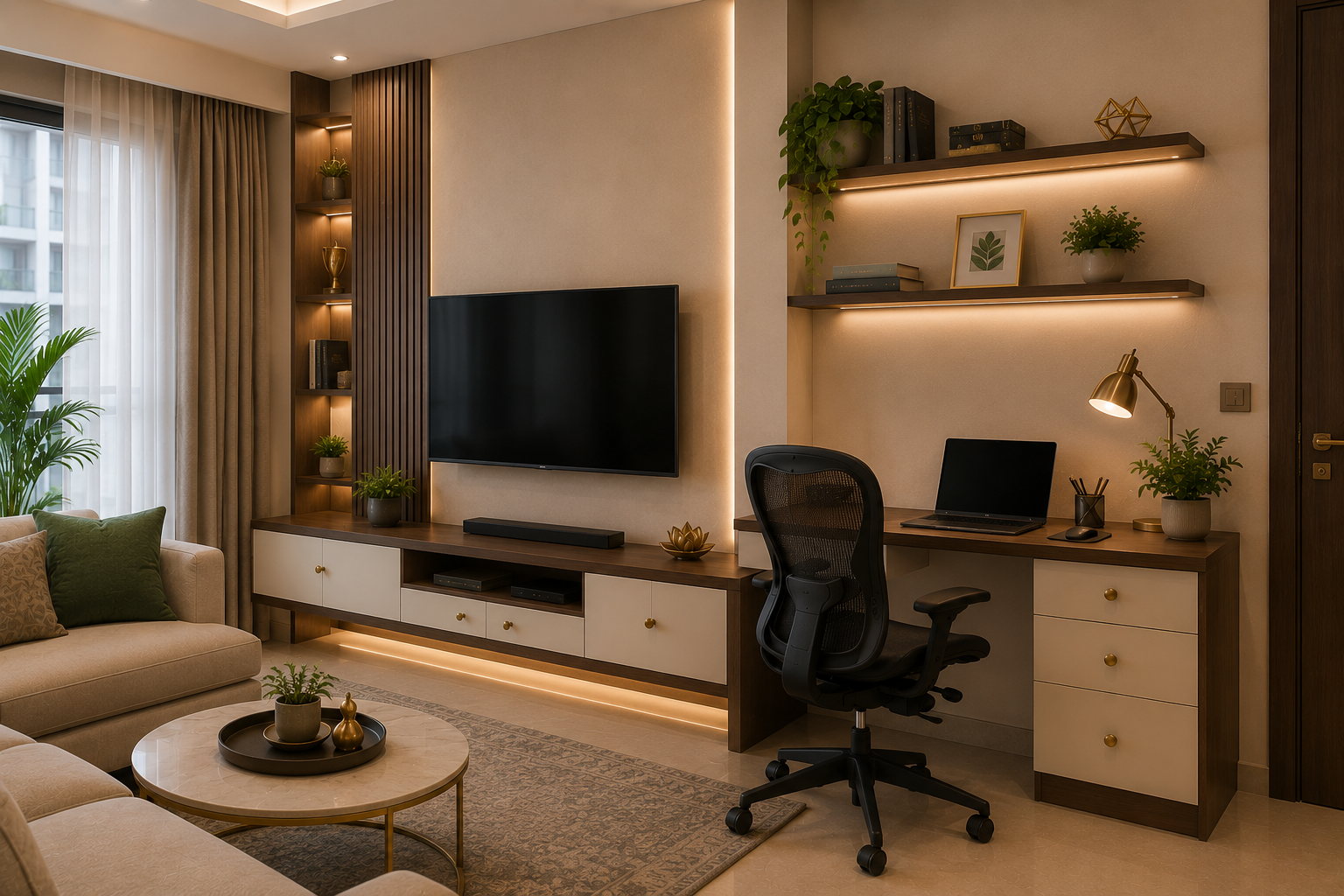 Premium living room home office corner with slim desk walnut TV unit ivory storage ergonomic chair laptop floating shelves and warm lighting
