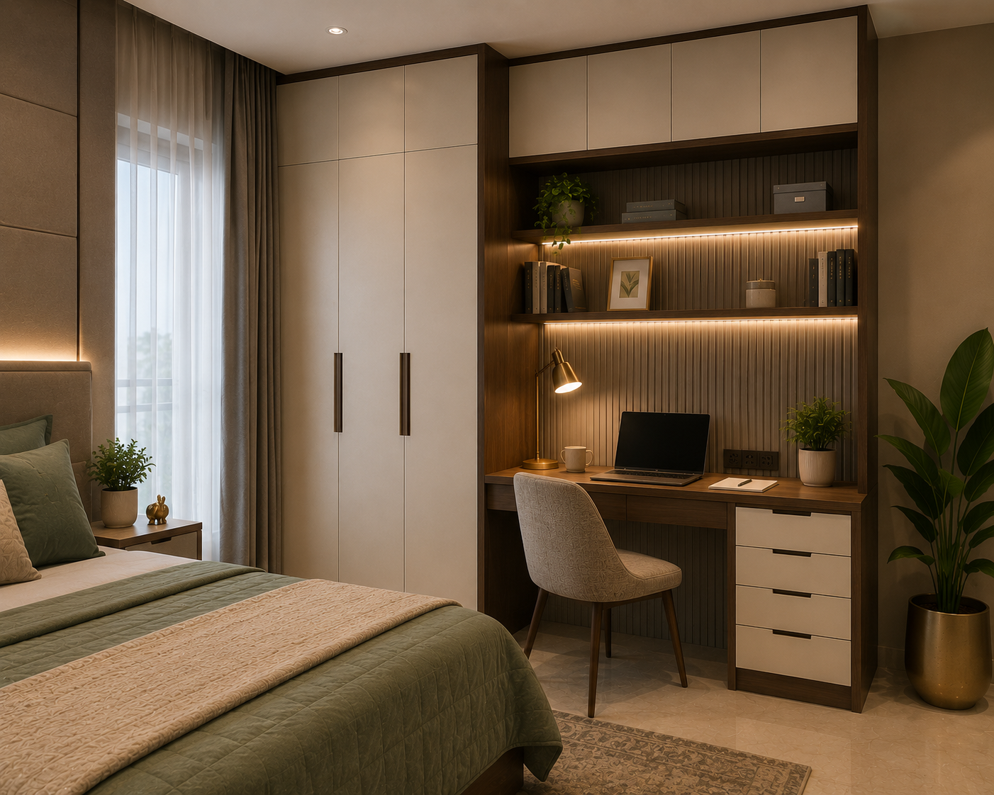 Premium bedroom study unit design with wardrobe integrated desk walnut wood ivory finish laptop shelves task light and muted sage green bedding