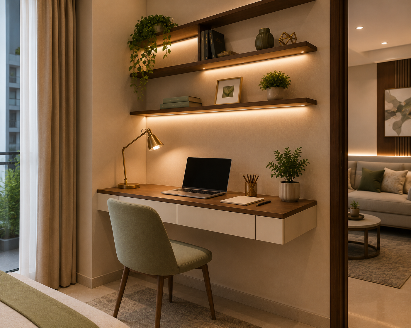 Compact wall mounted home office desk in modern Indian apartment with floating shelves laptop ivory drawers walnut wood top and warm task lighting