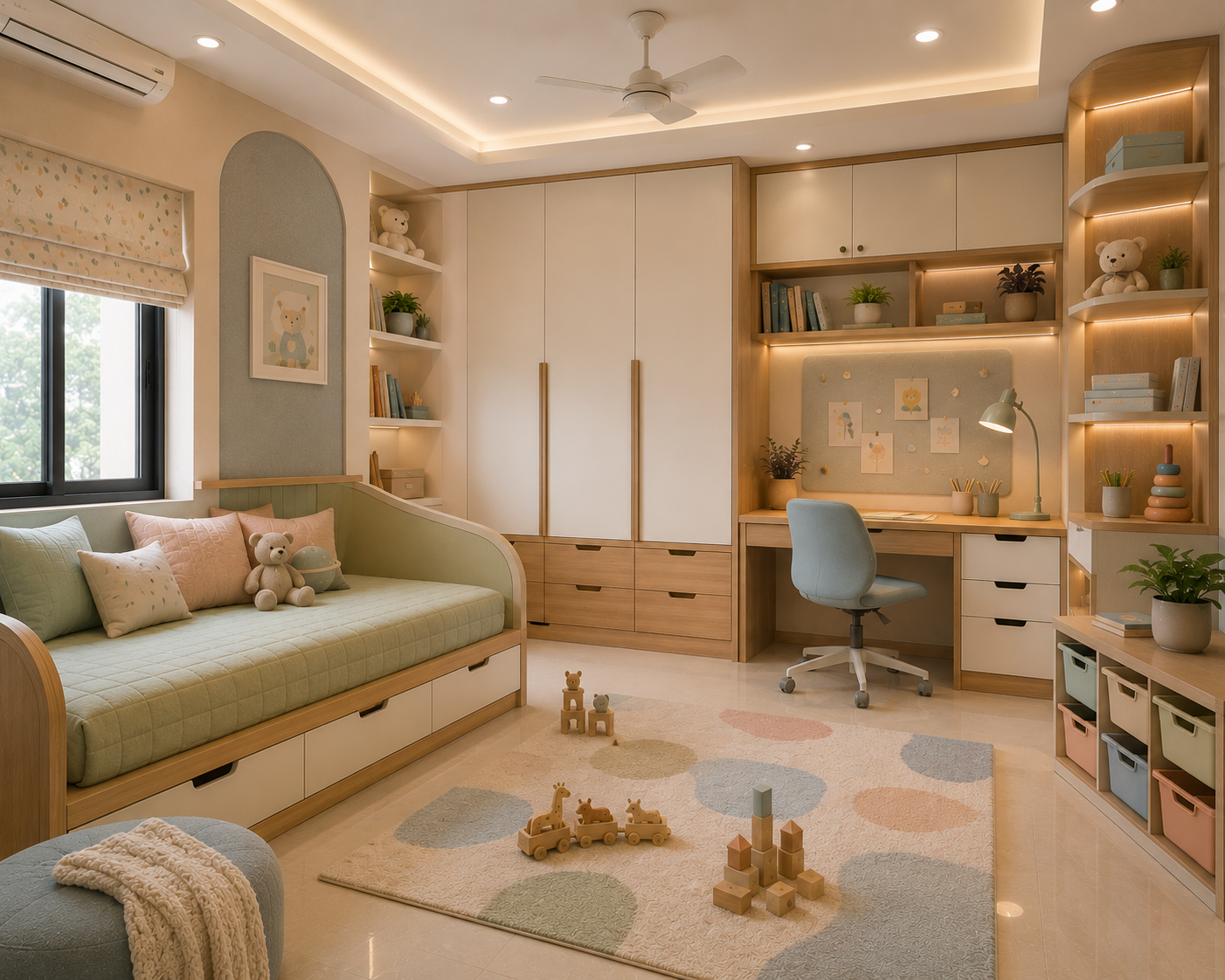 Final premium kids room interior scene with storage bed study unit wardrobe toy storage bookshelves soft rug rounded furniture and open play area