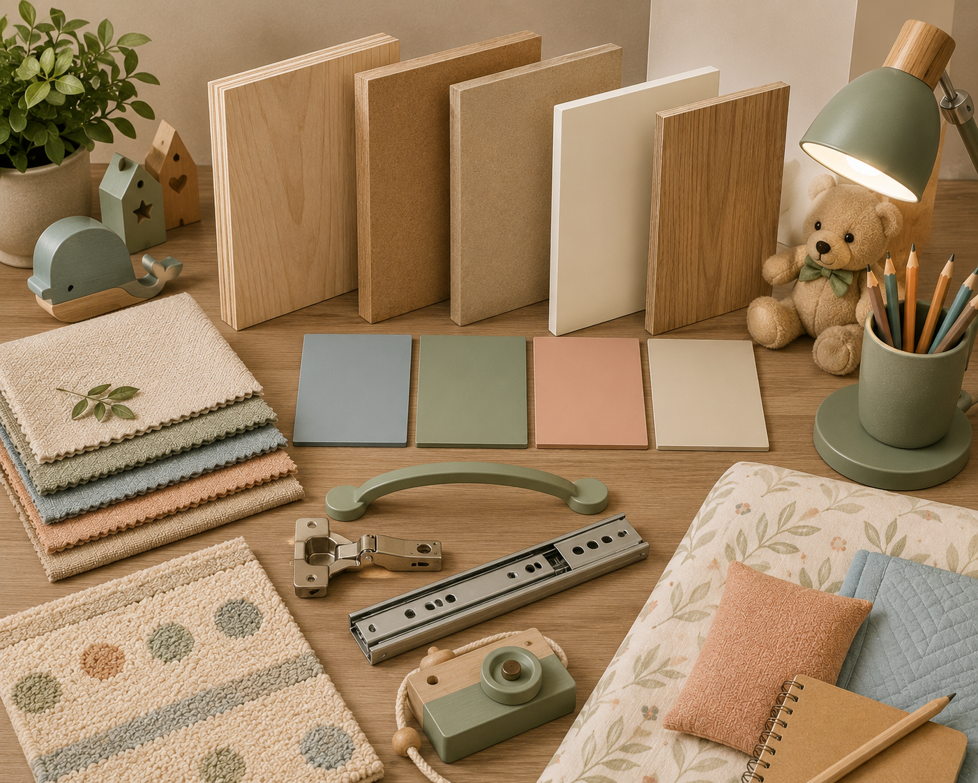 Kids room material and colour mood board with plywood HDHMR MDF ivory laminate light walnut pastel blue sage green soft peach fabric swatches and child safe hardware