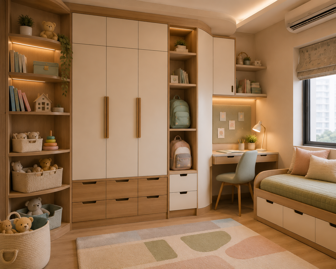 Kids wardrobe and toy storage design with ivory light walnut finish lower drawers open shelves toy baskets bookshelf school bag storage and rounded edges