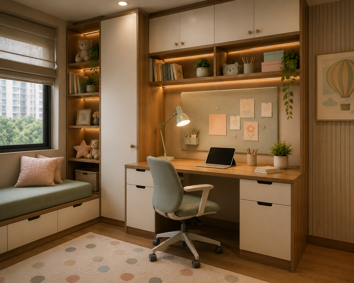 Kids study unit design with ivory drawers light walnut desk bookshelves task light laptop pin board and soft pastel accents