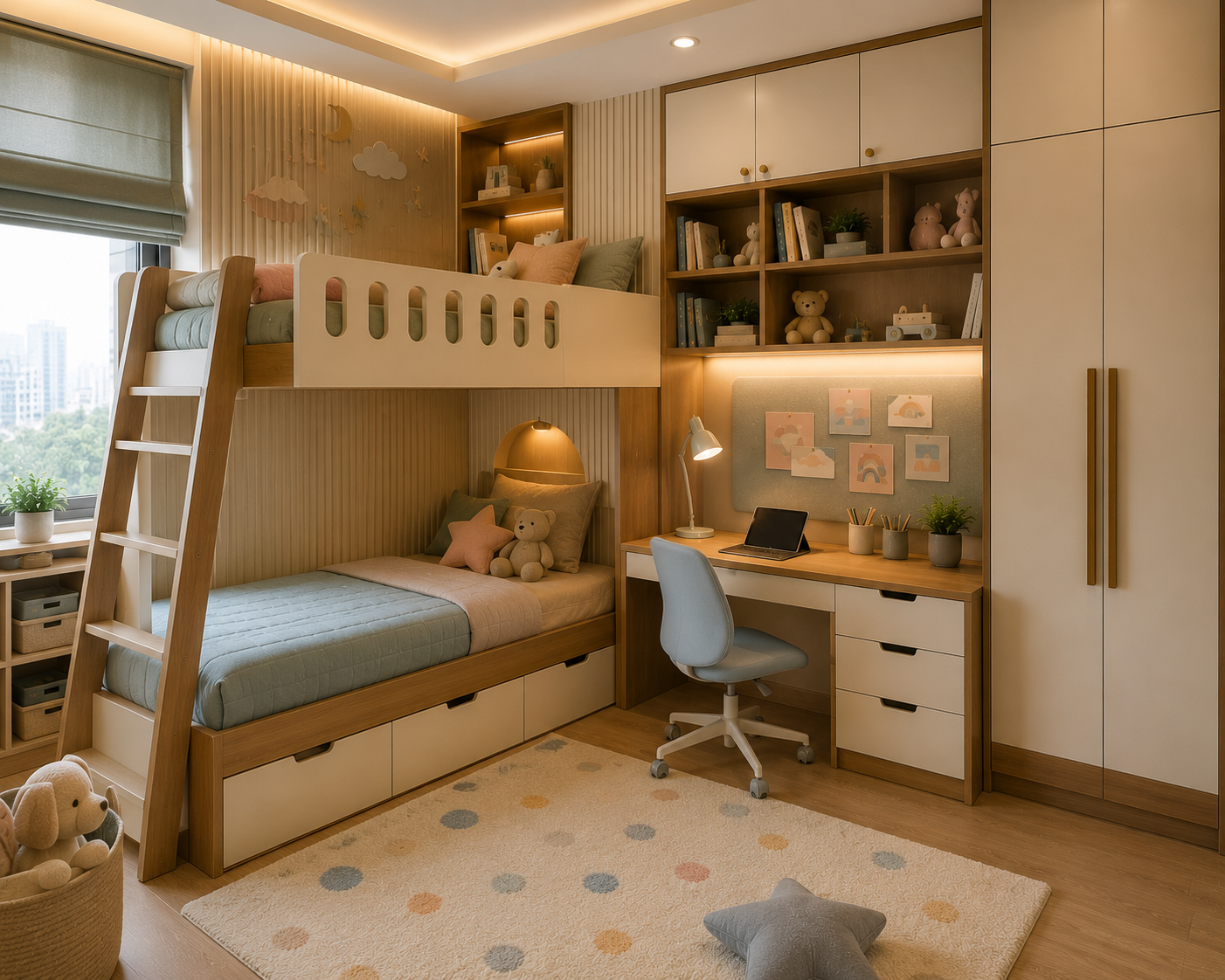 Premium bunk bed kids room design for two children with safety railing ladder lower storage drawers study table wardrobe and pastel decor