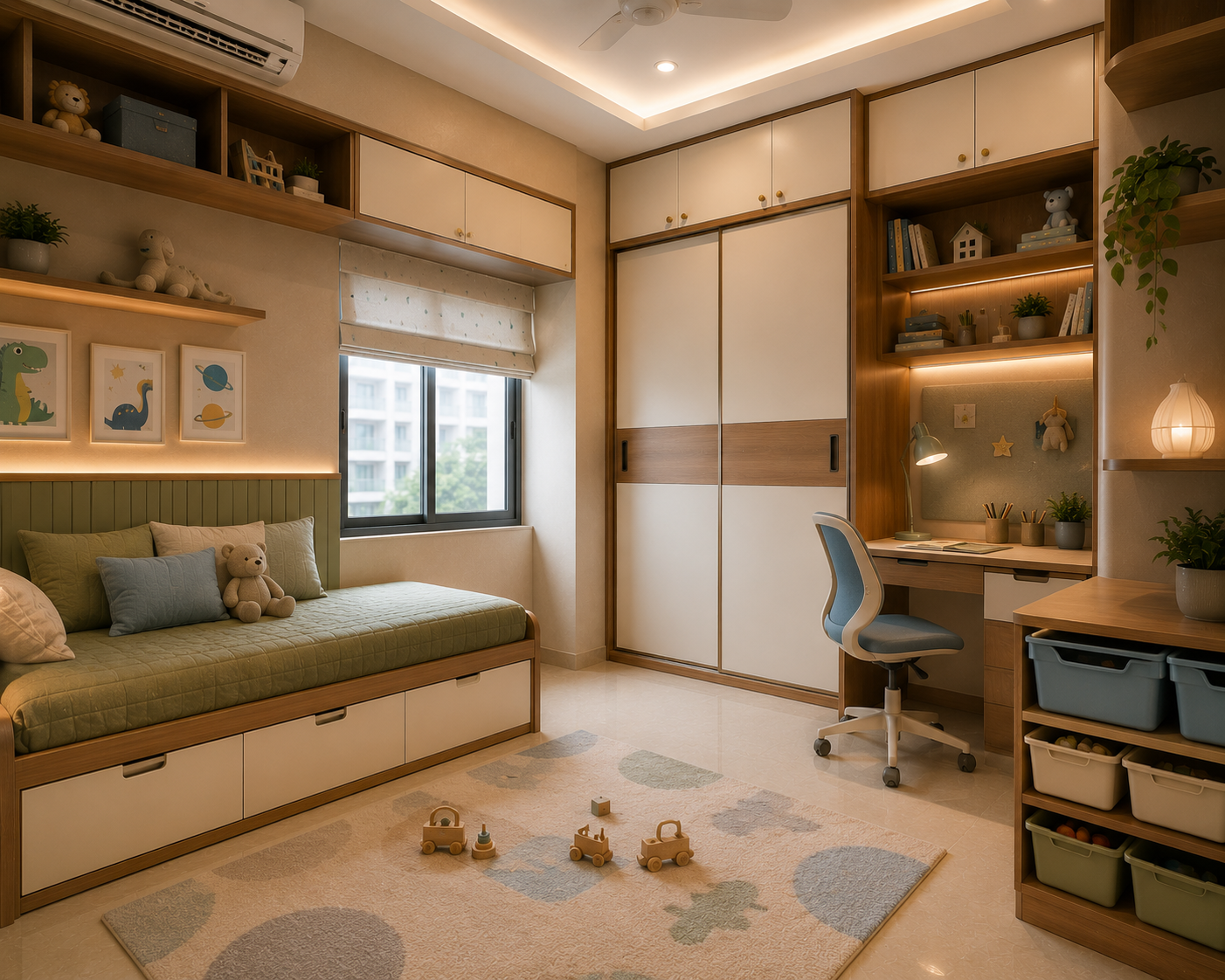 Space saving kids room interior in modern Indian apartment with storage bed sliding wardrobe study corner toy drawers and open play space