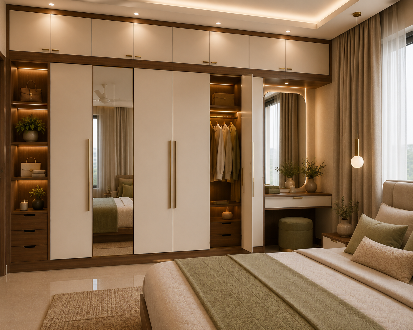 Premium bedroom wardrobe design for 2026 Indian homes with floor to ceiling ivory matte shutters walnut border mirror detail loft storage and dressing mirror corner
