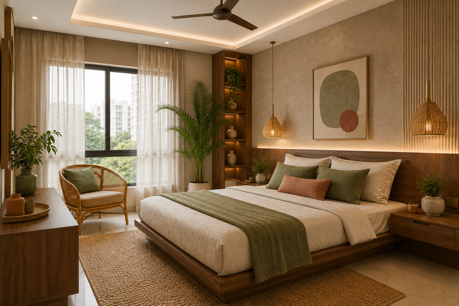 Premium biophilic bedroom design for Indian apartment with walnut furniture rattan chair linen curtains cotton bedding jute rug indoor plants and natural light