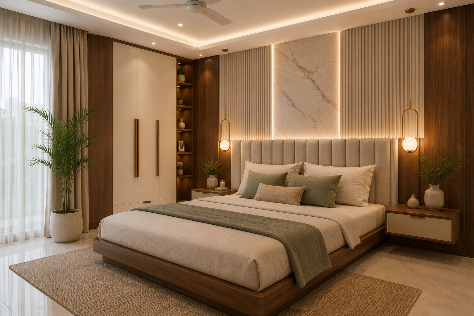 Premium master bedroom interior with textured bed back wall fluted panels upholstered headboard walnut side panels marble look accent and warm profile lighting