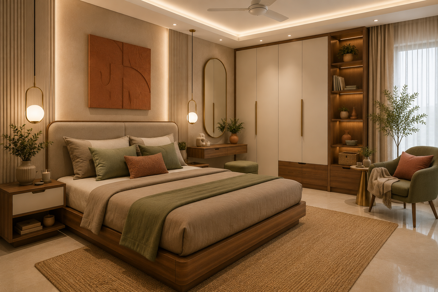 Earthy and restful bedroom colour palette trend for 2026 with beige walls taupe bedding sage green cushions terracotta decor and walnut wood furniture