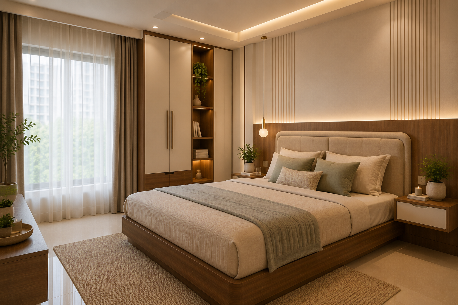 Warm minimal bedroom interior for modern Indian apartment with ivory walls walnut bed upholstered headboard soft lighting and sage green accents