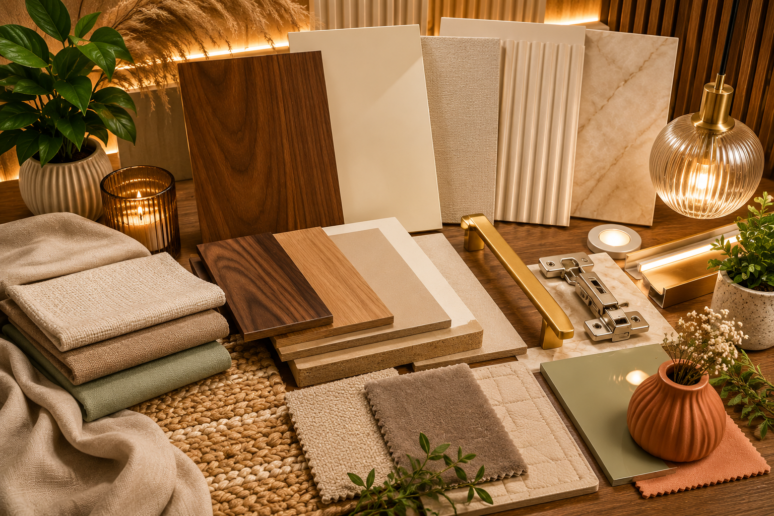 Bedroom material and lighting mood board for 2026 Indian interiors with walnut wood ivory laminate taupe fabric fluted panel veneer brass handle wardrobe light and terracotta decor
