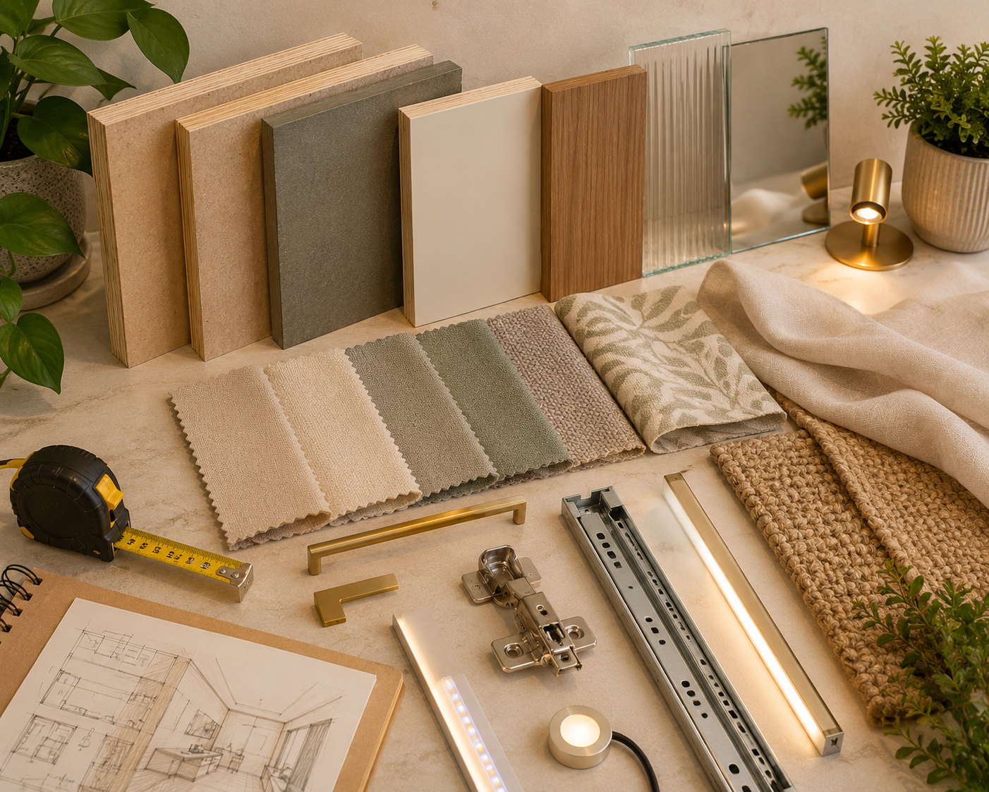 Material and lighting mood board for small apartment interiors with plywood HDHMR MDF ivory laminate mirror glass fabric swatches brass handle LED strip and indoor plant