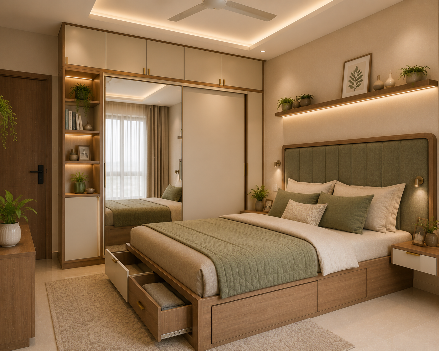 Premium small bedroom interior with storage bed drawers sliding wardrobe mirror shutter wall mounted bedside table and muted sage green accents