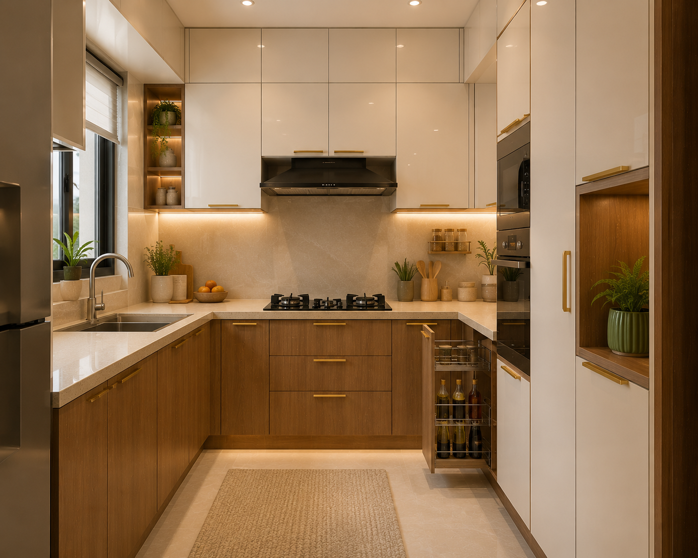 Premium compact modular kitchen for small Indian apartment with ivory upper cabinets light walnut lower cabinets quartz countertop under cabinet lighting and drawer storage