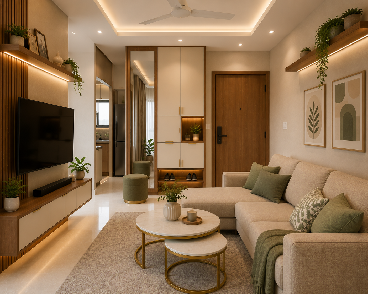 Premium small living room interior for compact Indian apartment with slim sofa wall mounted TV unit mirror panel vertical shoe cabinet and floating shelves