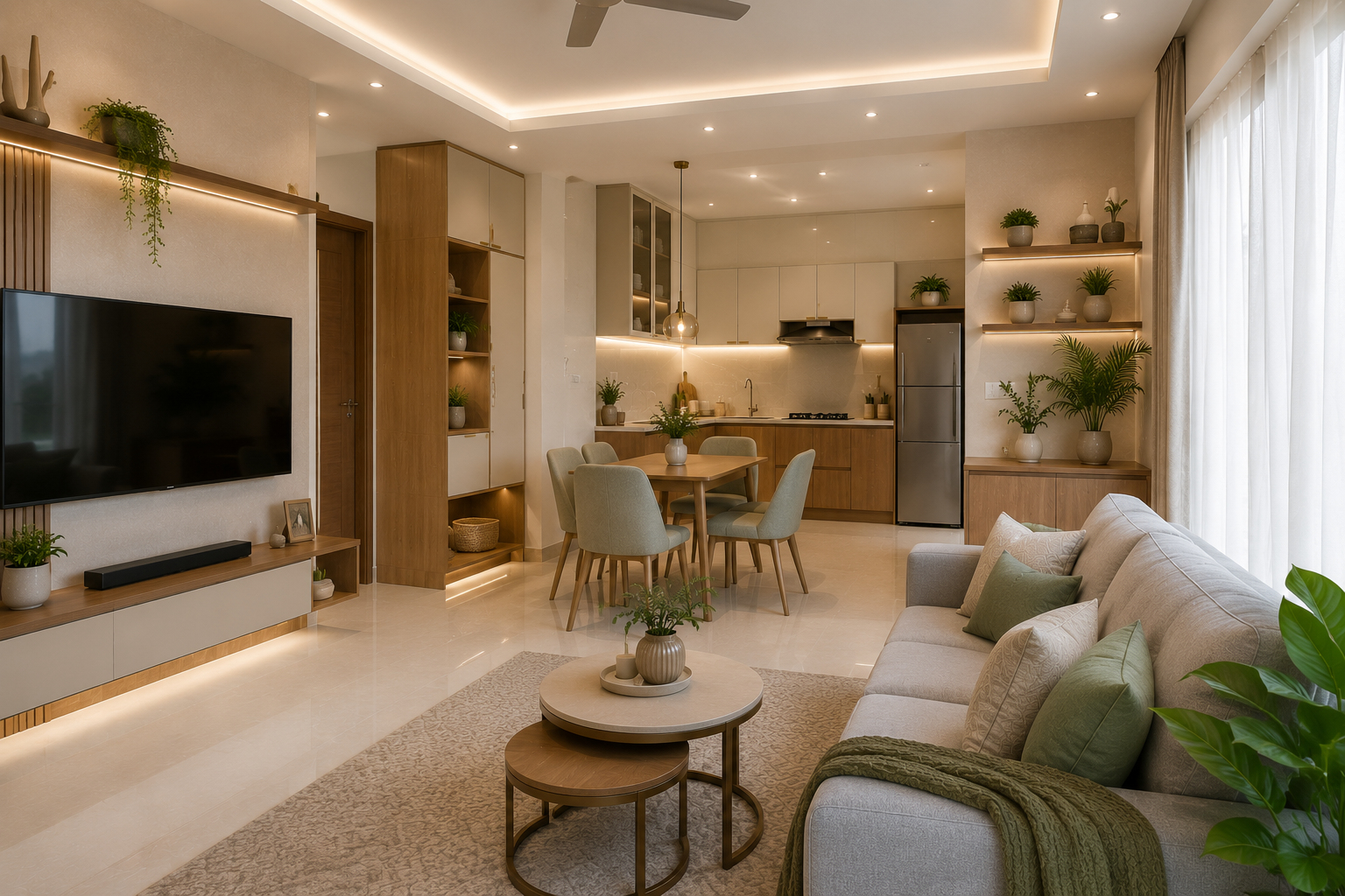 Smart layout scene for small Indian apartment with open plan living room dining corner compact modular kitchen clear walking space and light walnut storage