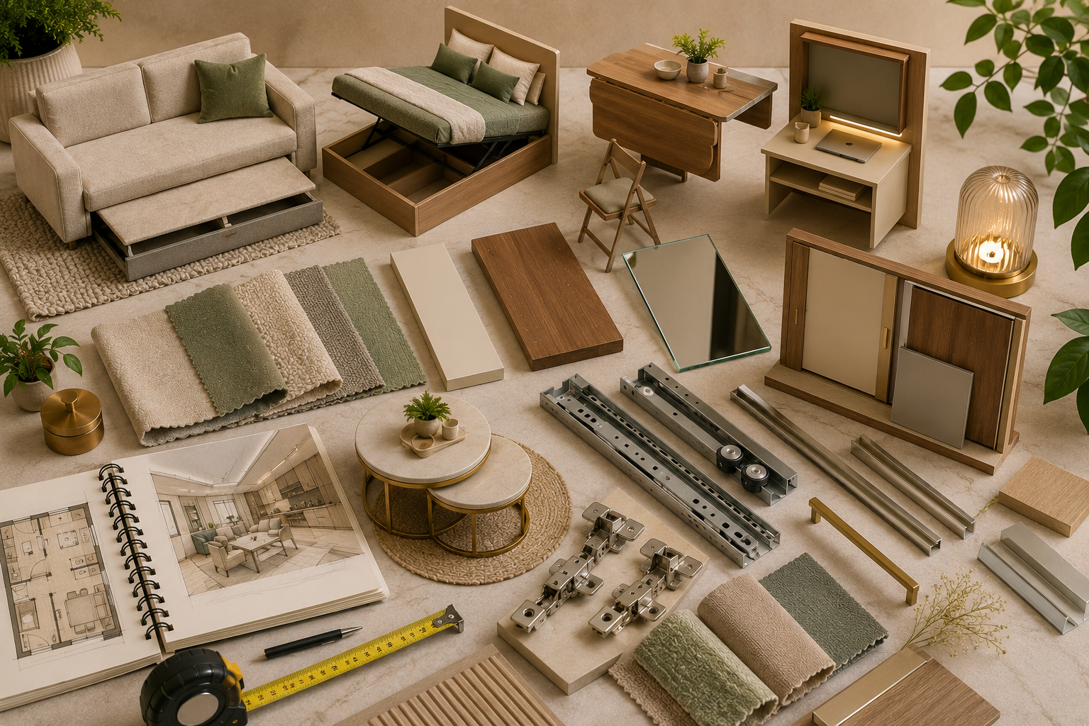 Interior furniture planning mood board for small apartment with sofa cum bed storage bed mechanism foldable dining table nesting table sliding wardrobe hardware and fabric swatches