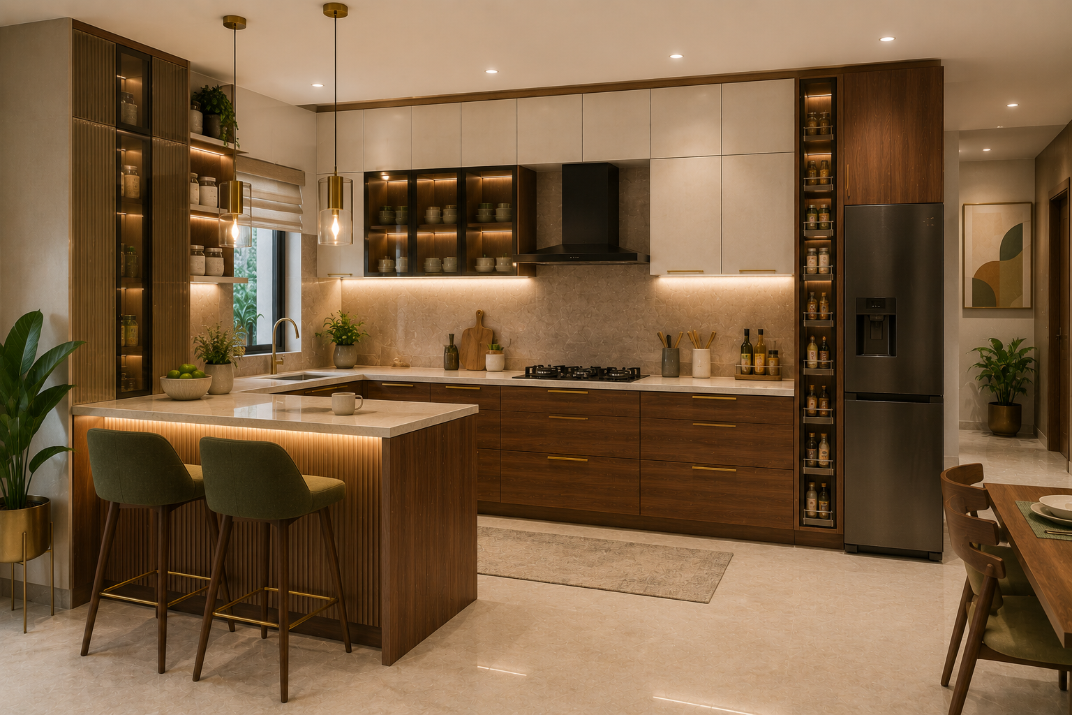 Final modern modular kitchen scene for Indian home in 2026 with ivory and walnut cabinets quartz countertop stone look backsplash tall pantry unit smart drawers breakfast counter and pendant lights