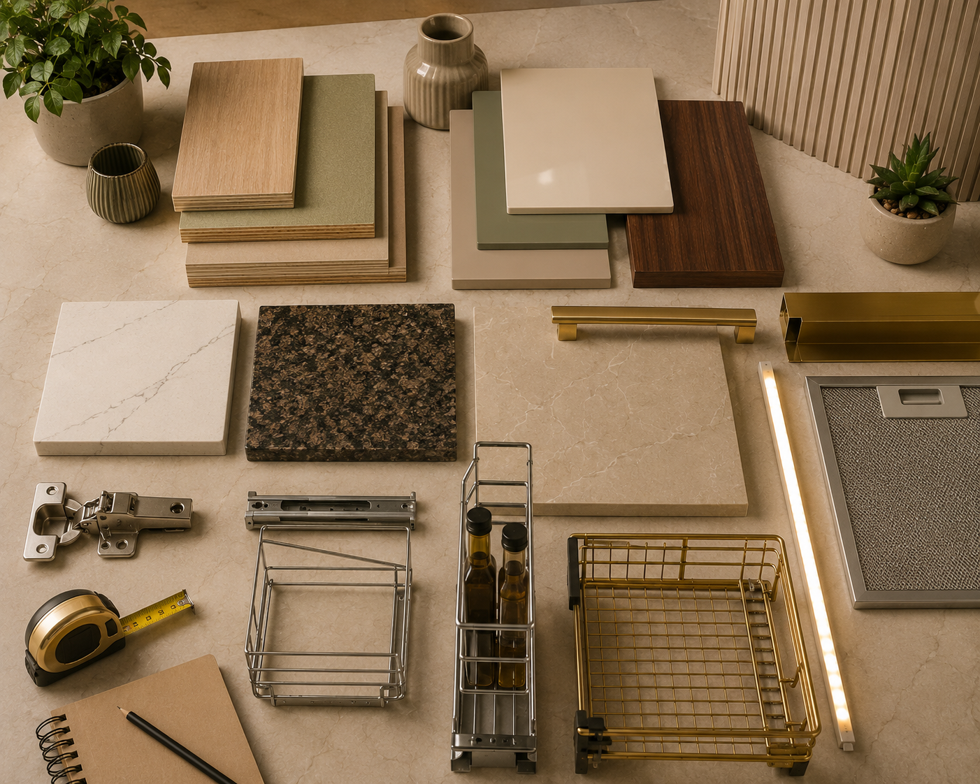 Kitchen material and hardware mood board for 2026 Indian modular kitchens with BWP plywood BWR plywood HDHMR laminate acrylic PU quartz granite backsplash tile brass handles hinges channels basket bottle pull-out and LED strip