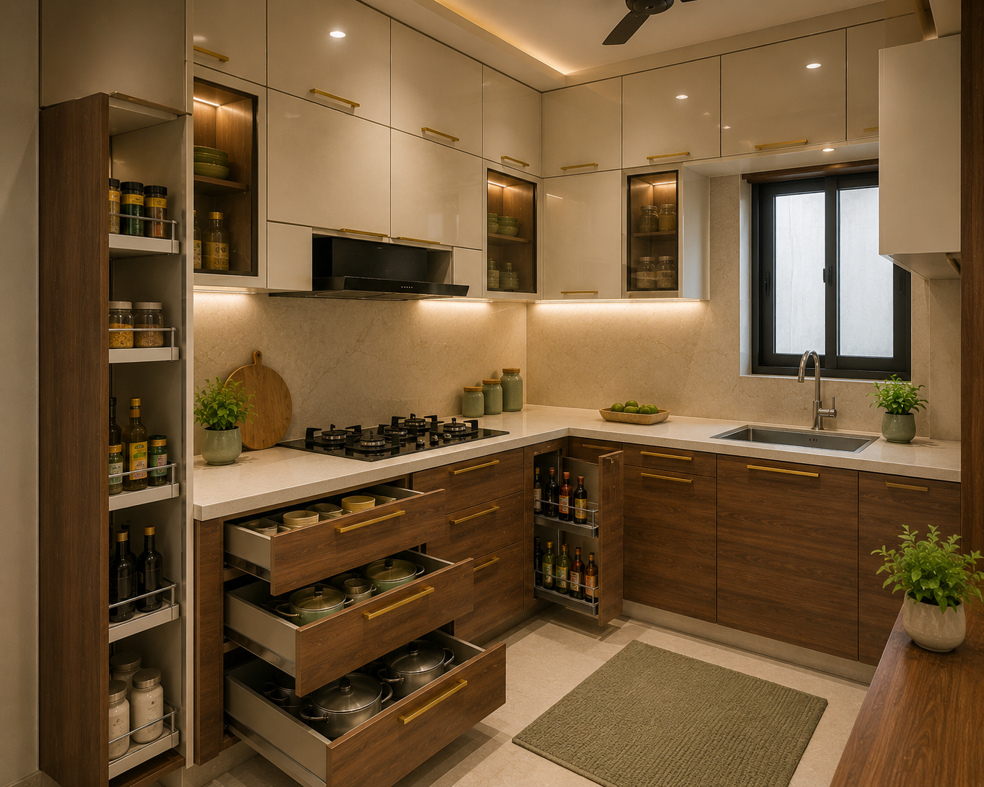 Compact L-shaped modular kitchen for small Indian apartment with ivory upper cabinets walnut lower cabinets full height overhead storage quartz countertop drawer storage bottle pull-out and corner unit