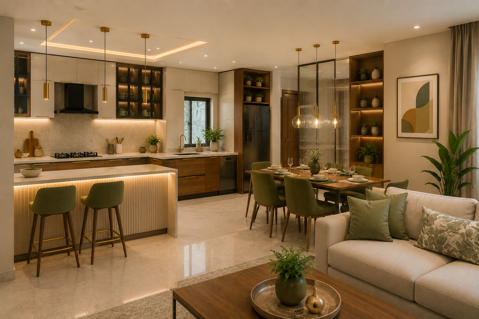 Premium open kitchen design for modern Indian apartment with modular kitchen breakfast counter dining living area ivory walnut cabinets pendant lights and sage green accents