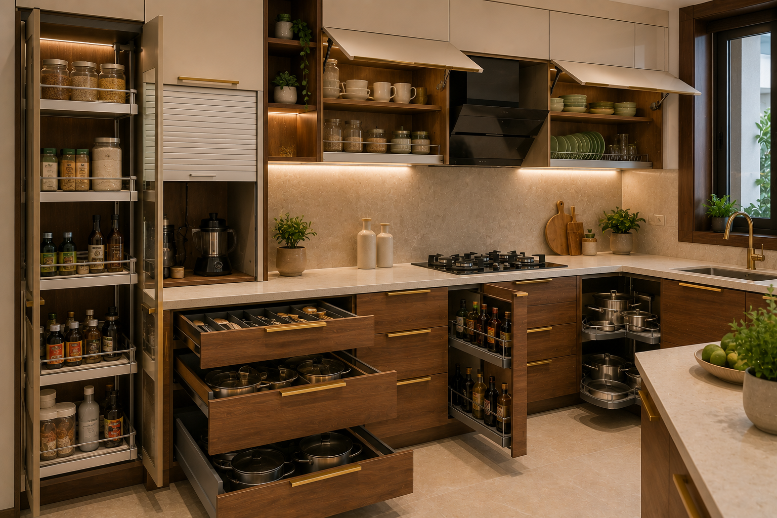 Premium modular kitchen storage scene with deep drawers cutlery tray bottle pull-out corner unit pantry pull-out overhead cabinets tall unit appliance garage and organised Indian kitchen items