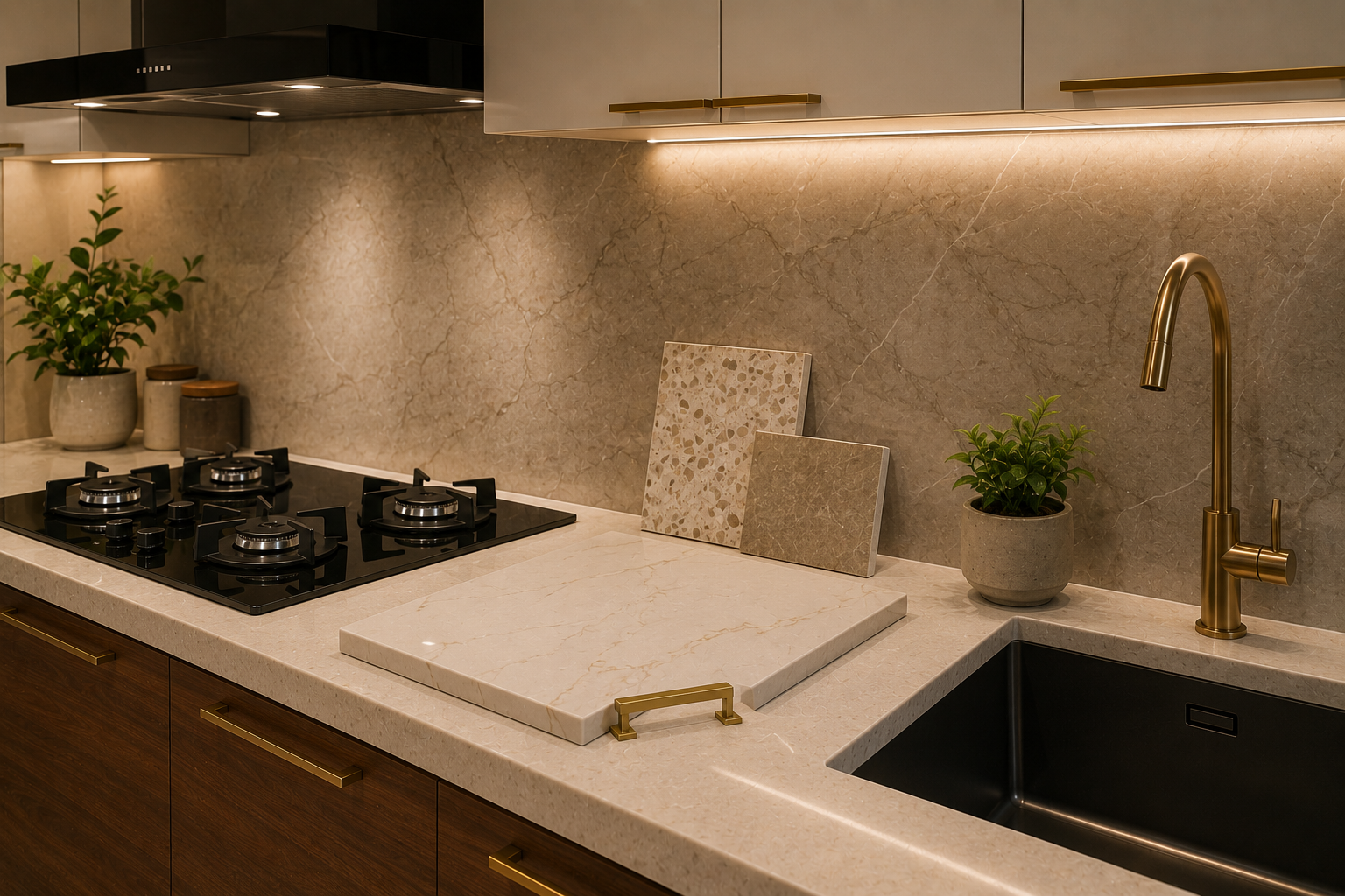 Close-up modular kitchen scene showing quartz countertop with subtle veining stone-look backsplash ivory and walnut cabinets hob sink under cabinet lighting and brass handle sample